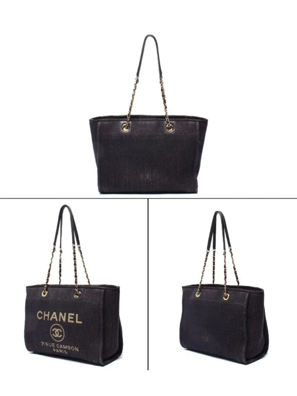 Chanel Tote Shoulder Gold Mixed Fiber Deauville MM